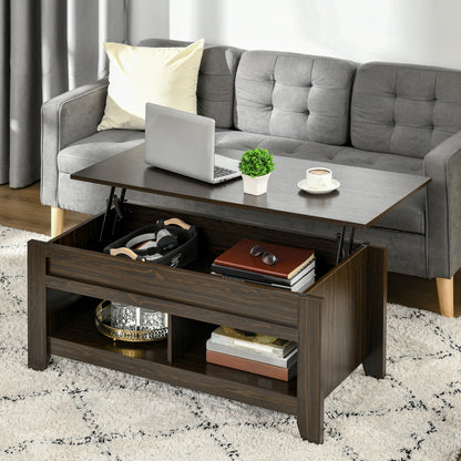 Lift Top Coffee Table with Hidden Storage Compartment and Open Shelves, Lift Tabletop Pop-Up Center Table for Living Roo