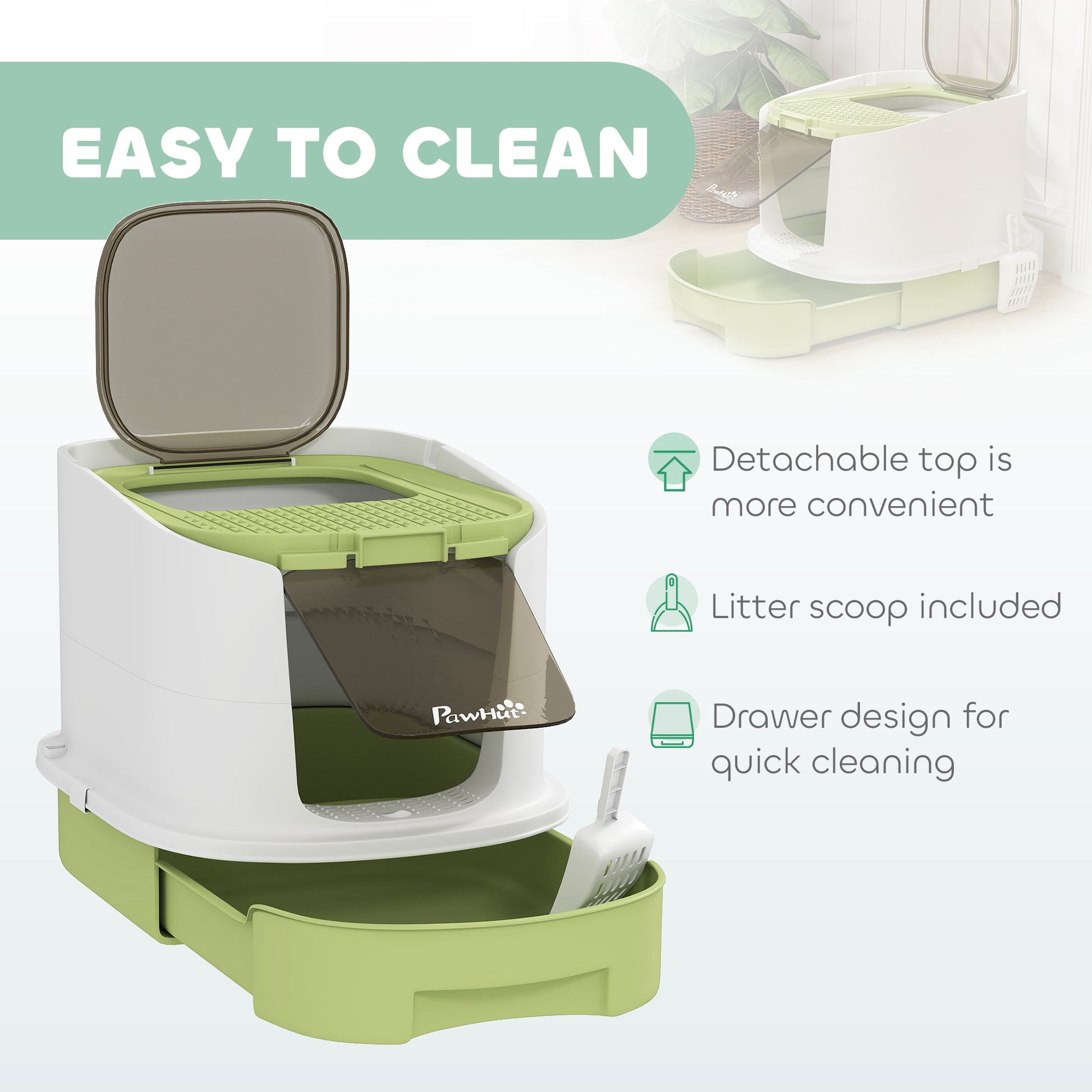 Enclosed Cat Litter Box with Lid, Scoop, Top Entry, Deodorization Bags, Drawer Type Cat Litter Tray, Easy to Clean, Gree