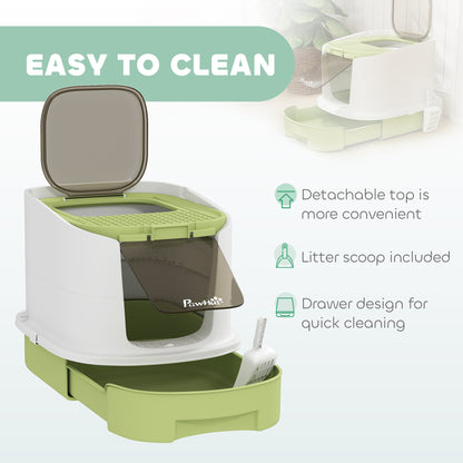 Enclosed Cat Litter Box with Lid, Scoop, Top Entry, Deodorization Bags, Drawer Type Cat Litter Tray, Easy to Clean, Gree