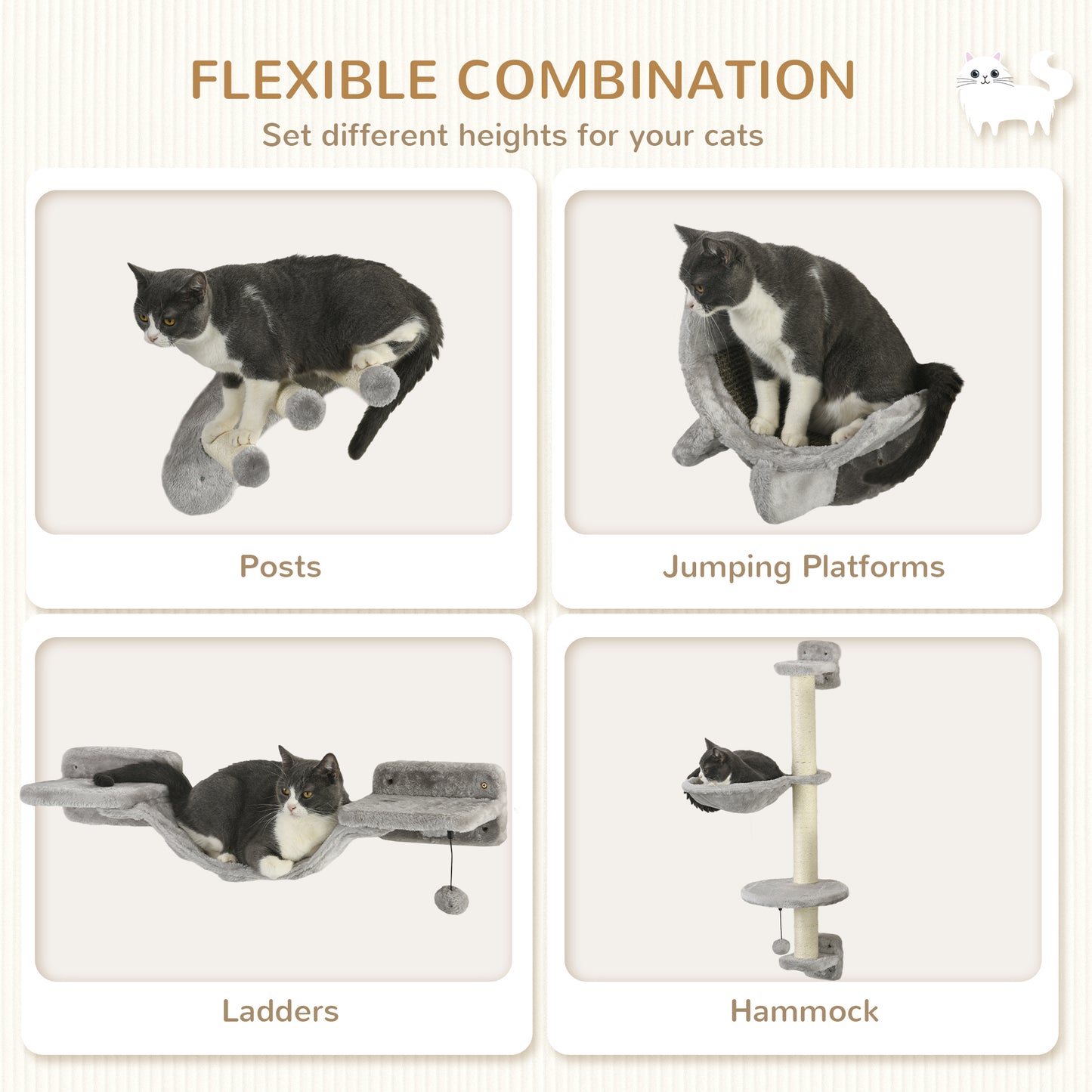 4Pcs Cat Wall Shelf with Scratching Post, Cat Wall Shelves for Relaxing, Climbing, Cat Wall With Soft Ladder, Hammock, P