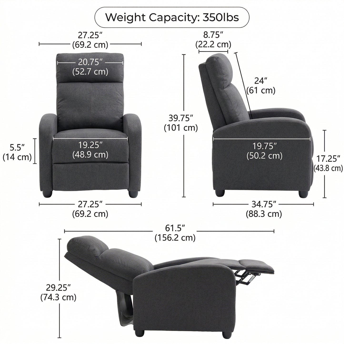 Fabric Recliner Sofa Manual Recliner, Home Theater Seating Single Reclining Sofa Chair with Padded Seat for Living Room,