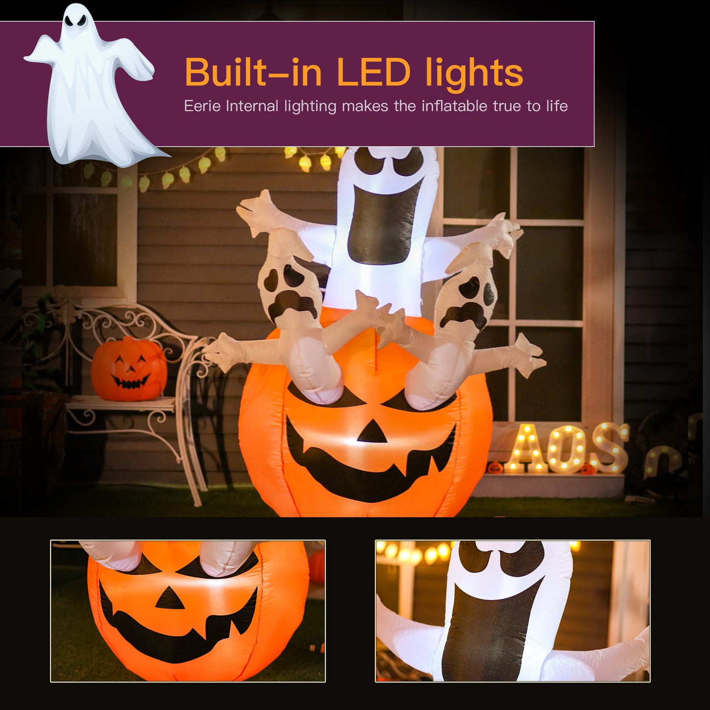 6FT Tall Halloween Inflatable Jack-O-Lantern and Ghosts, Outdoor Blow Up Yard Decoration with Pumpkin Lantern and LED Li