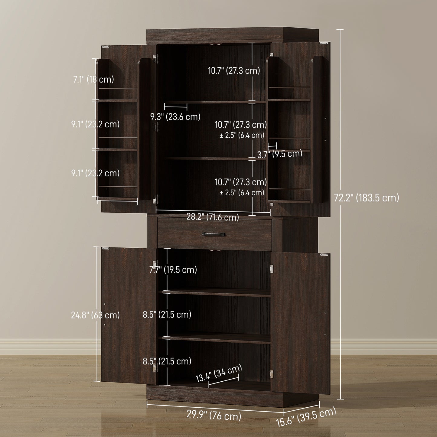 72" Kitchen Pantry Cabinet, Farmhouse Kitchen Storage Cabinet with 4 Barn Doors, 6 Door Shelves, Drawer, Brown