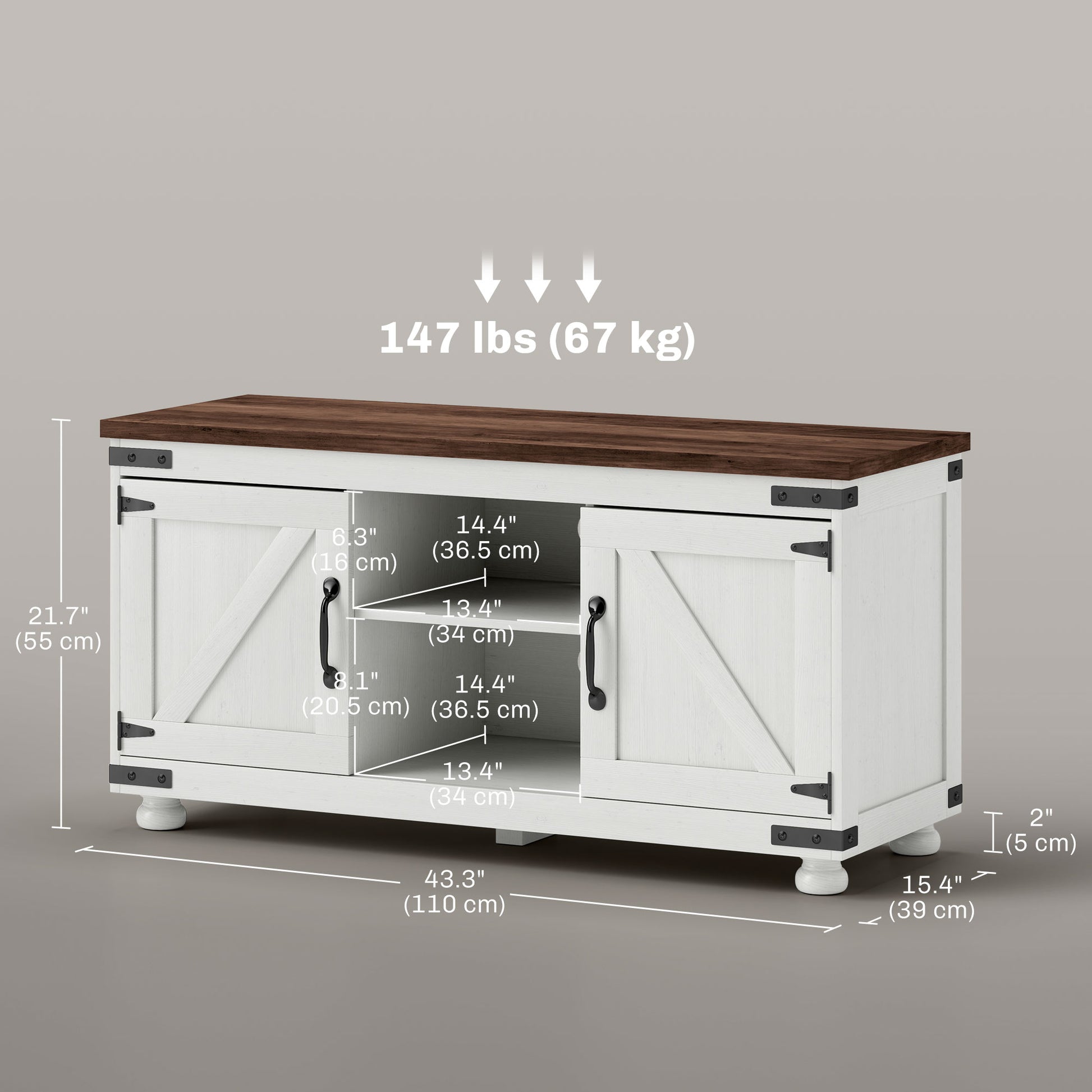 Farmhouse TV Stand for up to 50" TV, TV Cabinet with Barn Doors, Cable Management for Living Room, Distressed White