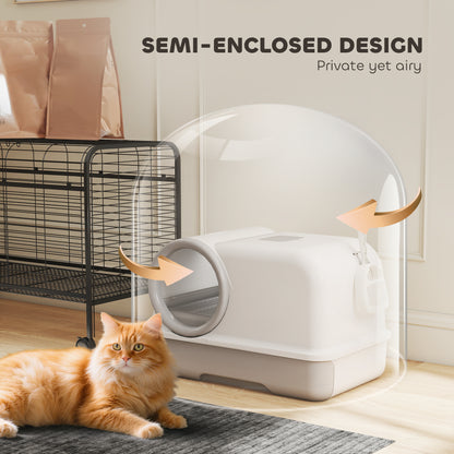 Cat Litter Box Easy Clean Drawer Odor Control Hooded Cat Litter Tray with Scoop White and Grey
