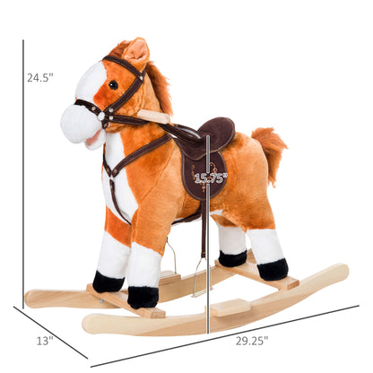 Qaba Kids Plush Rocking Horse Child Ride On Toy Rocker with Realistic Sounds Brown