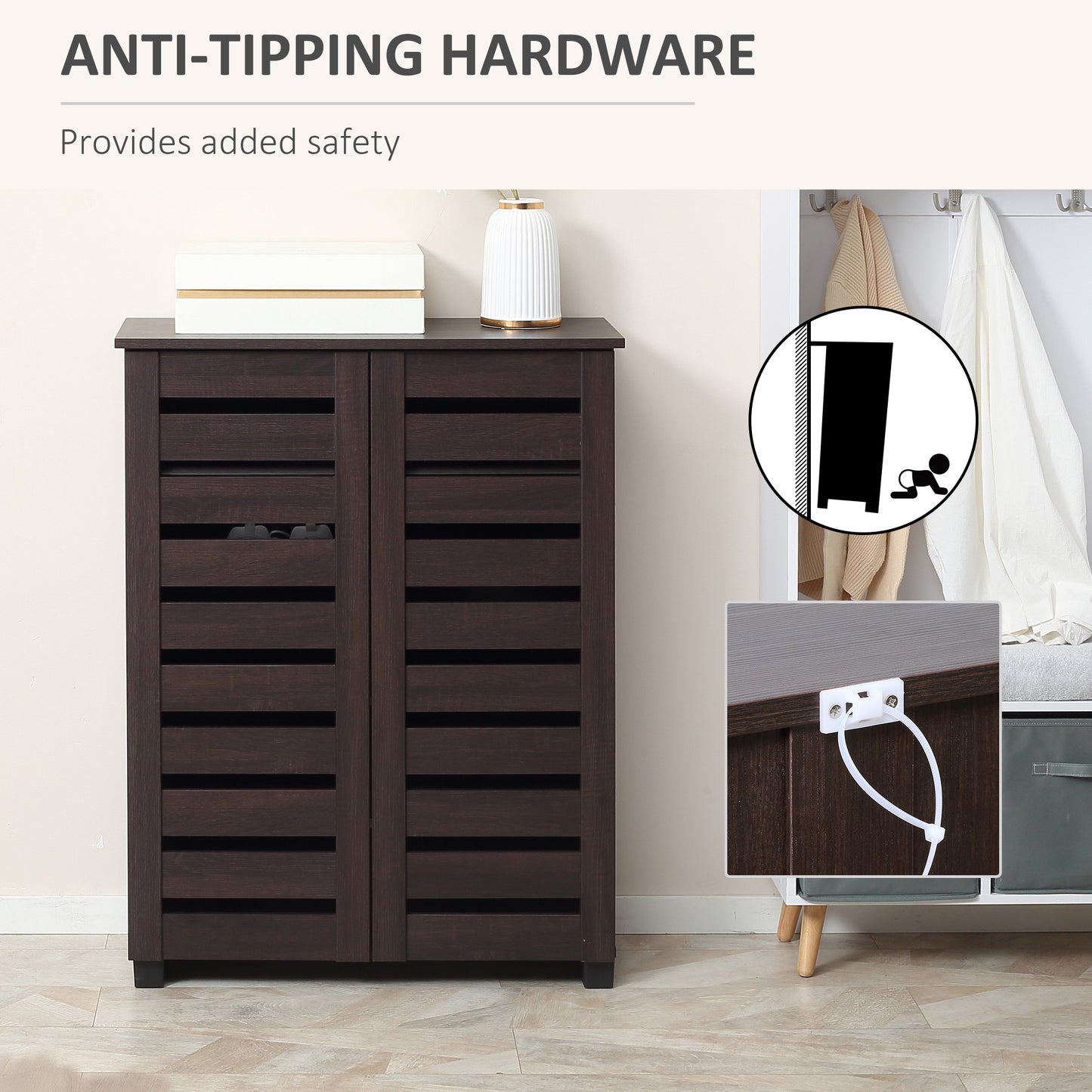 Narrow Shoe Cabinet with 2 Slatted Doors, Modern Shoe Storage Cabinet with Adjustable Shelves for Entryway, Hallway, Liv