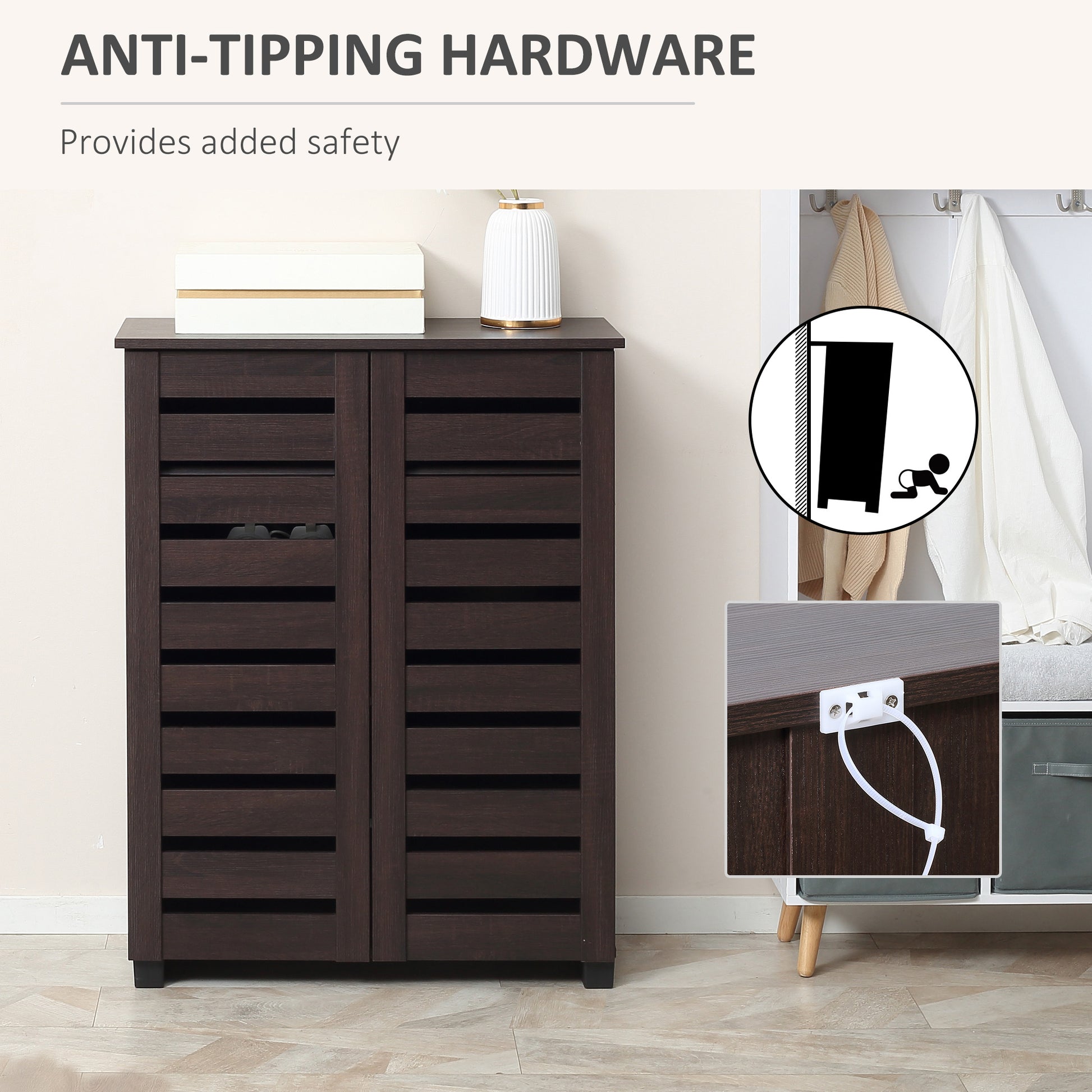 Narrow Shoe Cabinet with 2 Slatted Doors, Modern Shoe Storage Cabinet with Adjustable Shelves for Entryway, Hallway, Liv