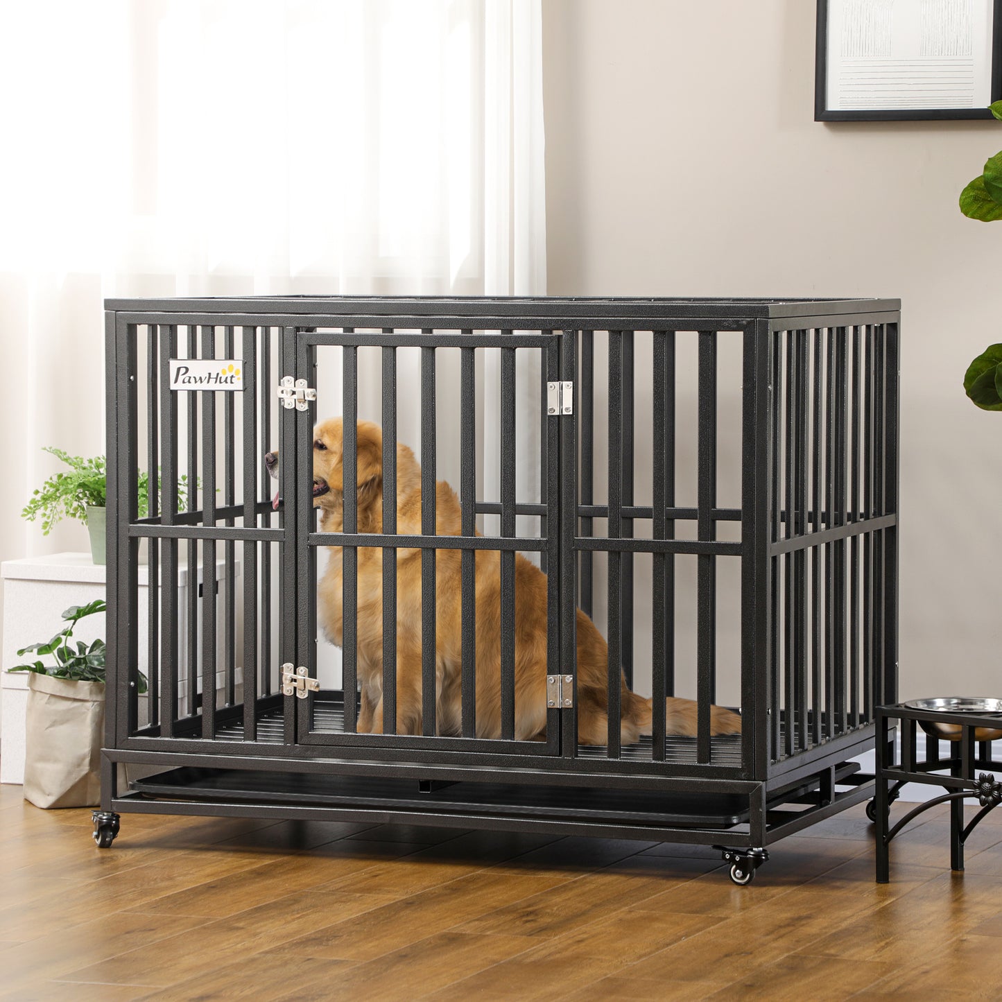 44" Heavy Duty Steel Dog Crate Kennel Pet Cage with Wheels for Convenient Access Anti-Pinching Floor, Black