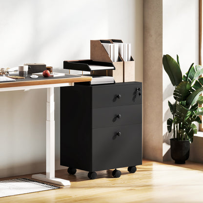 3-Drawer Small Filing Cabinet with Lock, Vertical Office Storage Cabinet with Wheels for Home Office, Black