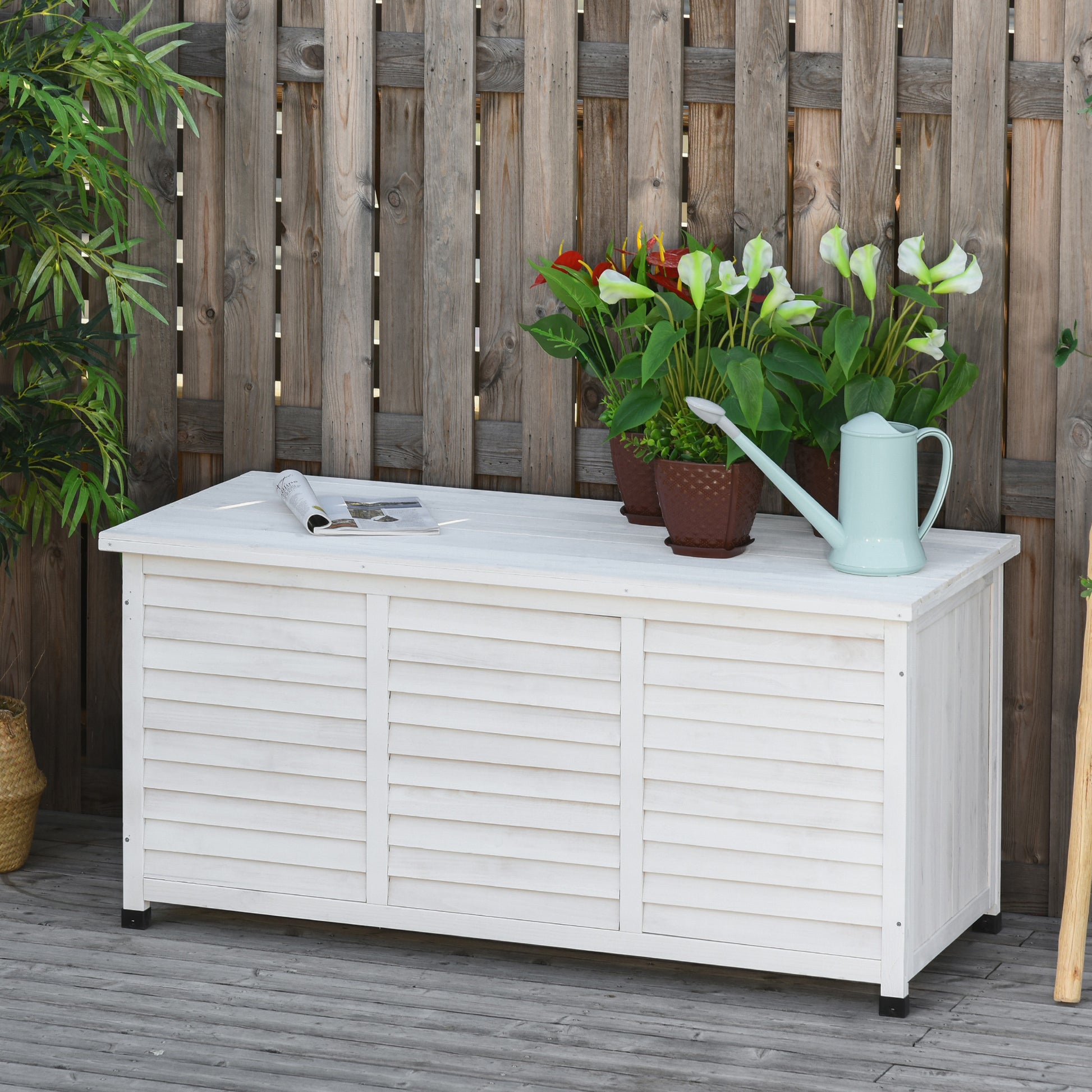 75 Gallon Wooden Storage Box patio Deck Box Bench, Garden Backyard Outdoor Storage Container with Aerating Gap & Weather