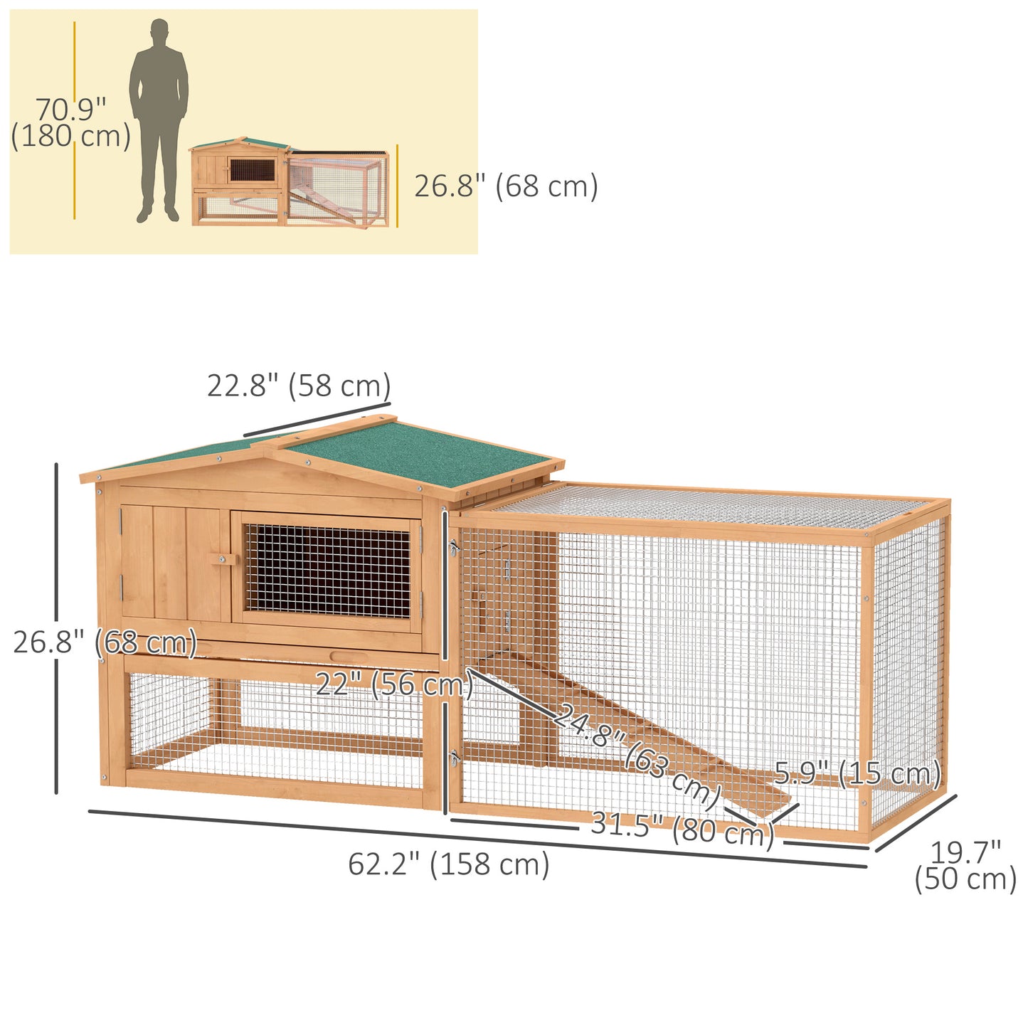62'' L 2-Story Rabbit Hutch Bunny Cage Small Animal House with Pull Out Tray, Detachable Run, Ramp, for Indoor Outdoor, 