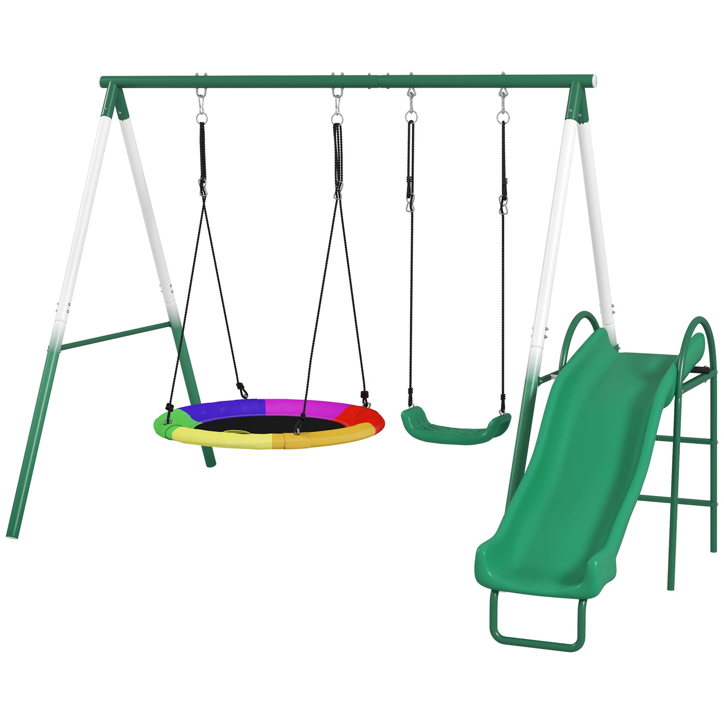Qaba Metal Swing Set with Slide, Saucer Swing Seat, Heavy Duty A-Frame Stand and Adjustable Rope for Backyard, Dark Gree