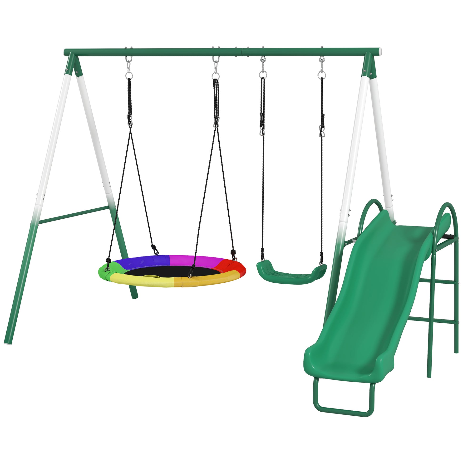 Qaba Metal Swing Set with Slide, Saucer Swing Seat, Heavy Duty A-Frame Stand and Adjustable Rope for Backyard, Dark Gree