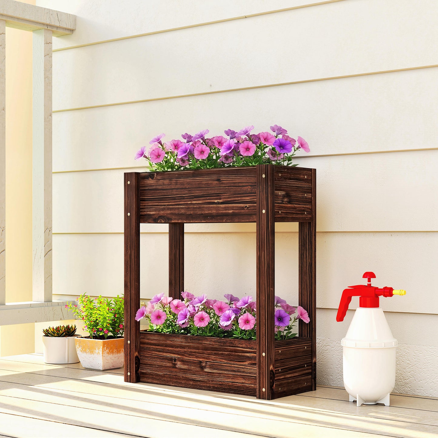 2-Tier Wooden Raised Garden Bed with Legs, 23.6" x 9.8" x 27.6" Elevated Planter Box with Drainage Holes and Bed Liner