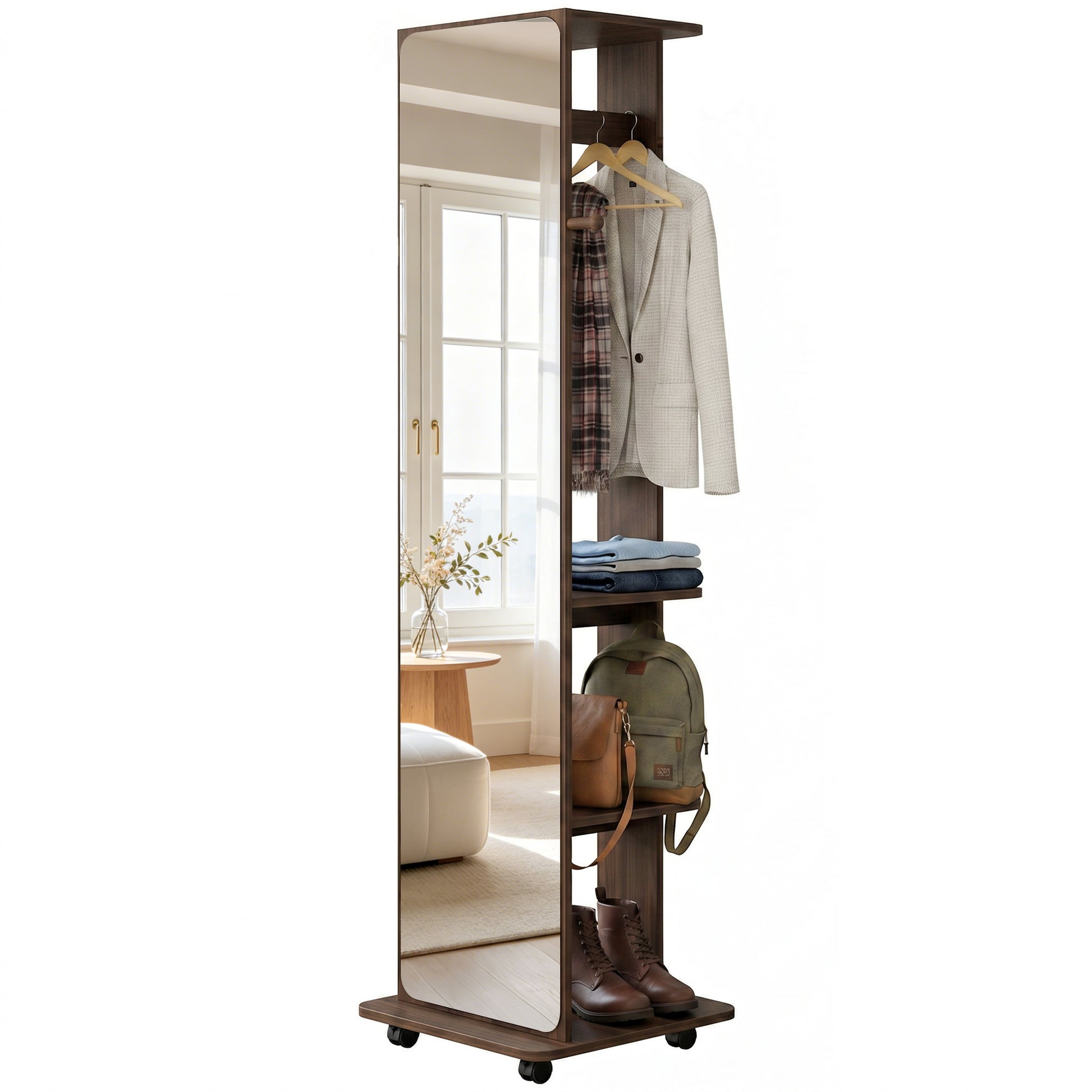 15" x 62" Full Length Mirror, Tempered Glass Floor Mirror on Wheels with Storage Shelves, Coat Hangers, Brown Wood Grain