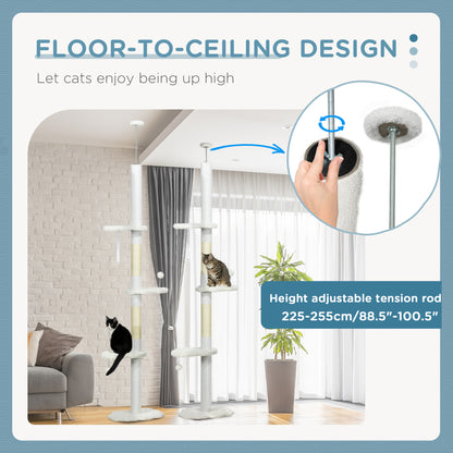 88.5"-100.5" Floor to Ceiling Cat Tree, Cat Tower with Scratching Posts, Cloud Shaped Platforms, Dangling Balls, White