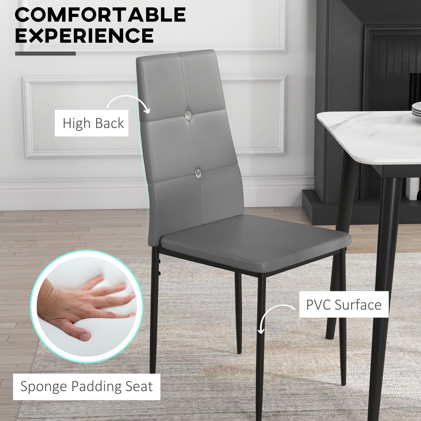 Set of 4 Modern Style Dining Chairs, Button Tufted High Back Side Chairs with Upholstered Seat, Steel Legs for Living Ro
