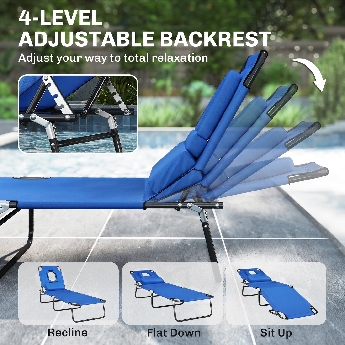 Folding Chaise Lounge Chair, Reclining Beach Tanning Chair with Face Hole, Pillow, 4-Position Adjustable Lay Flat Sun Lo