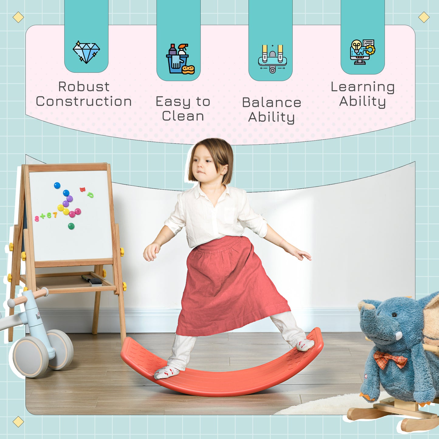 Qaba 32.3" Balance Board, Wobble Board Kids Curvy Rocker Board, Ended Preschool Learning Montessori Waldorf Toy, Red