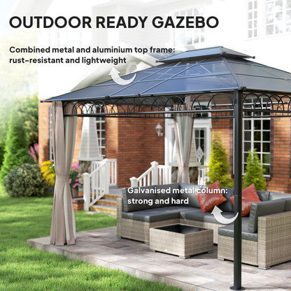 10' x 12' Outdoor Gazebo Canopy, Double Roof Hardtop Gazebo with Polycarbonate Roof, Steel Frame, Nettings and Curtains,