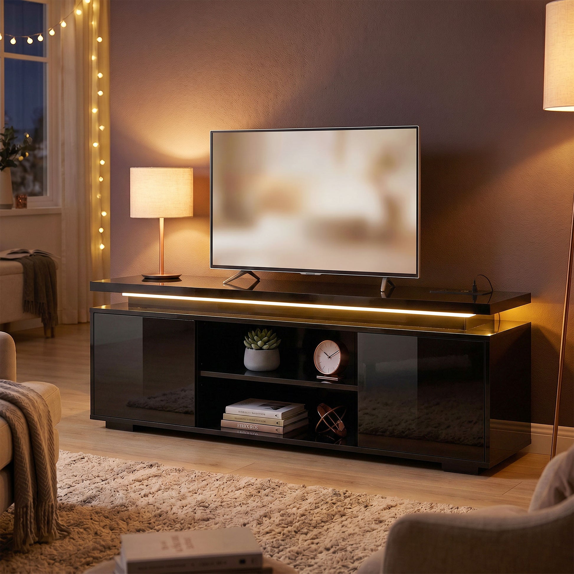 TV Stand for TVs up to 60 Inch, Modern Entertainment Center with LED Lights and Power Outlets, High Gloss Black