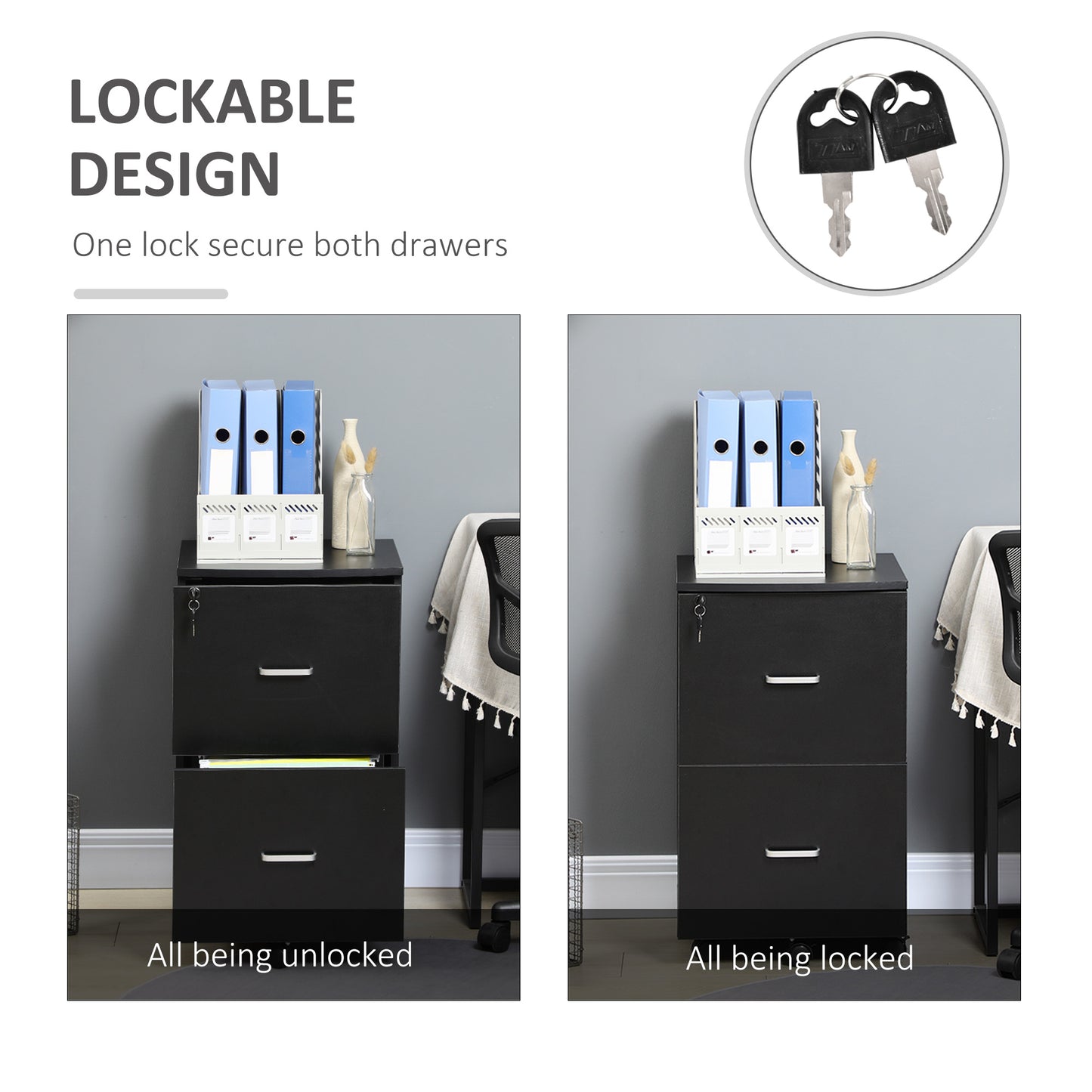 2 Drawer File Cabinet with Lock, Small Rolling Filing Cabinet for A4, Letter-Size Documents, Printer Stand for Home Offi
