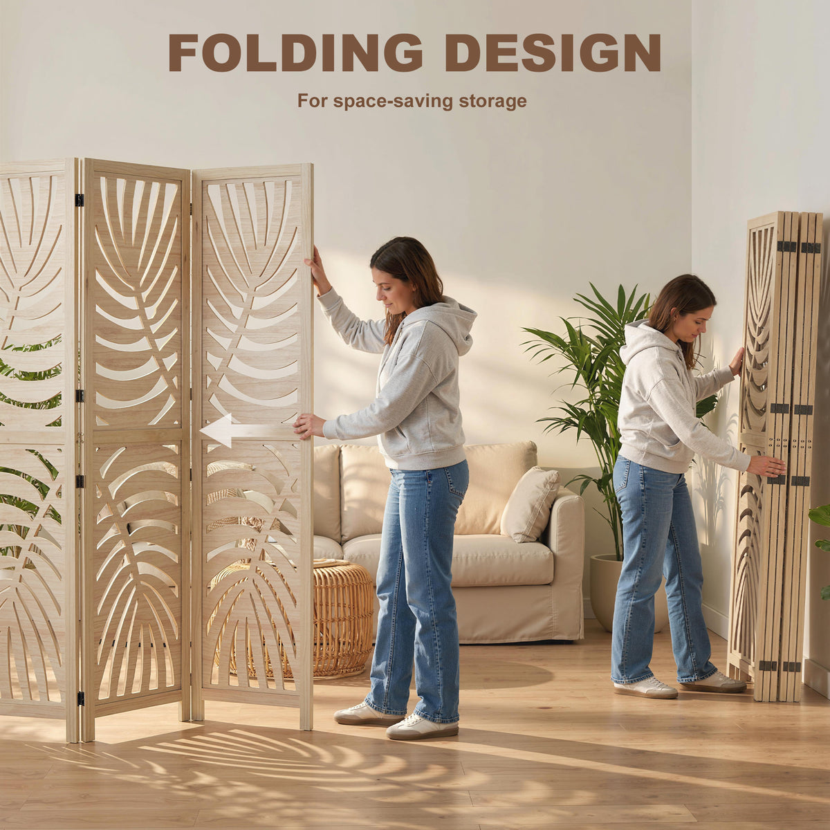 6 Panel Room Divider, Detachable Folding Privacy Screens with Palm Leaf Design for Home Office, Natural Wood