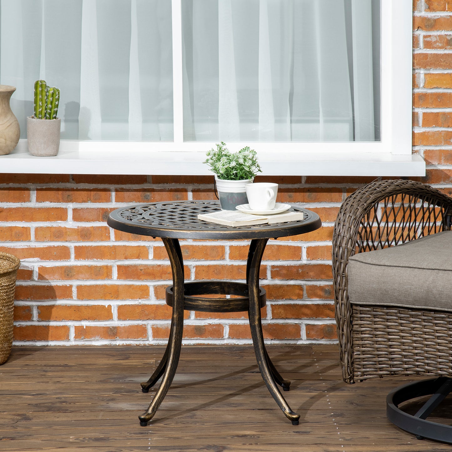 Ф23.6" Round Outdoor Side Table, Cast Aluminum Frame Patio Coffee Side Desk for Patio, Garden, Balcony, Bronze