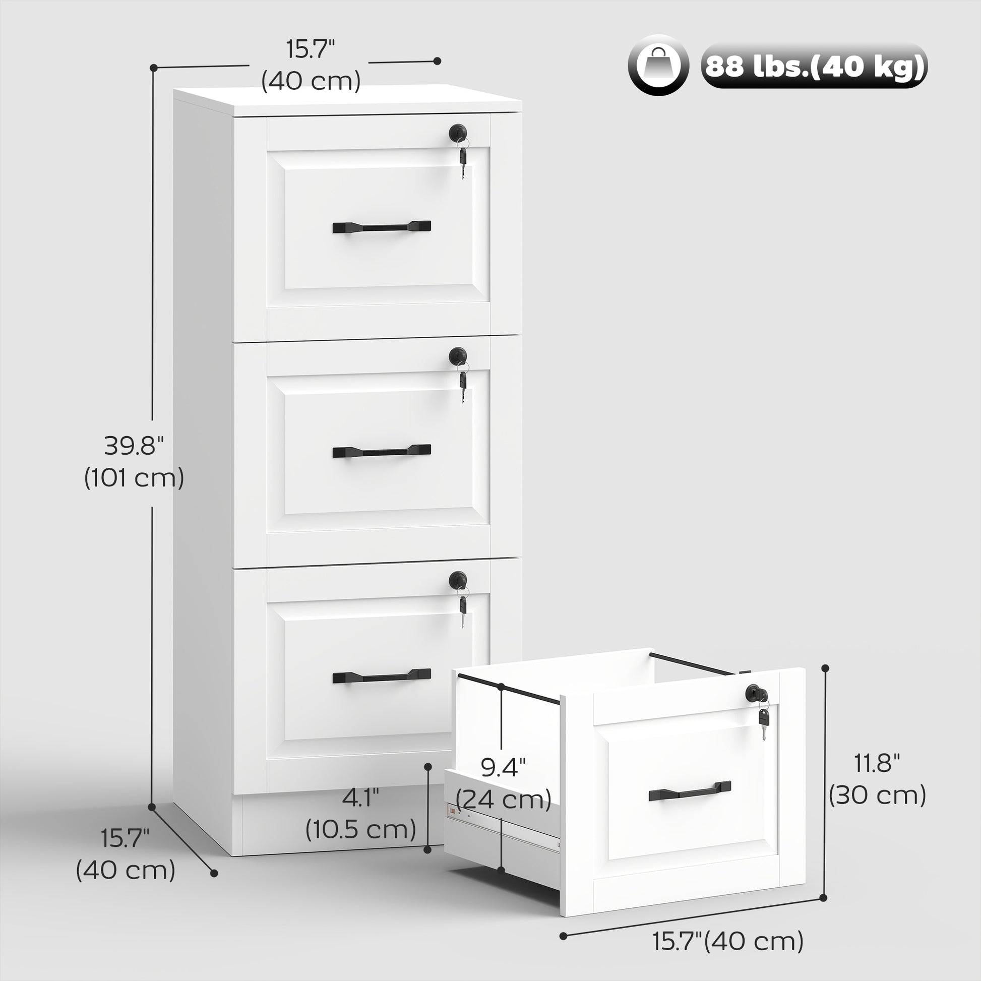 3 Drawer File Cabinet with Lock, Vertical Filing Cabinet with Adjustable Hanging Bars for A4 and Letter Size, White