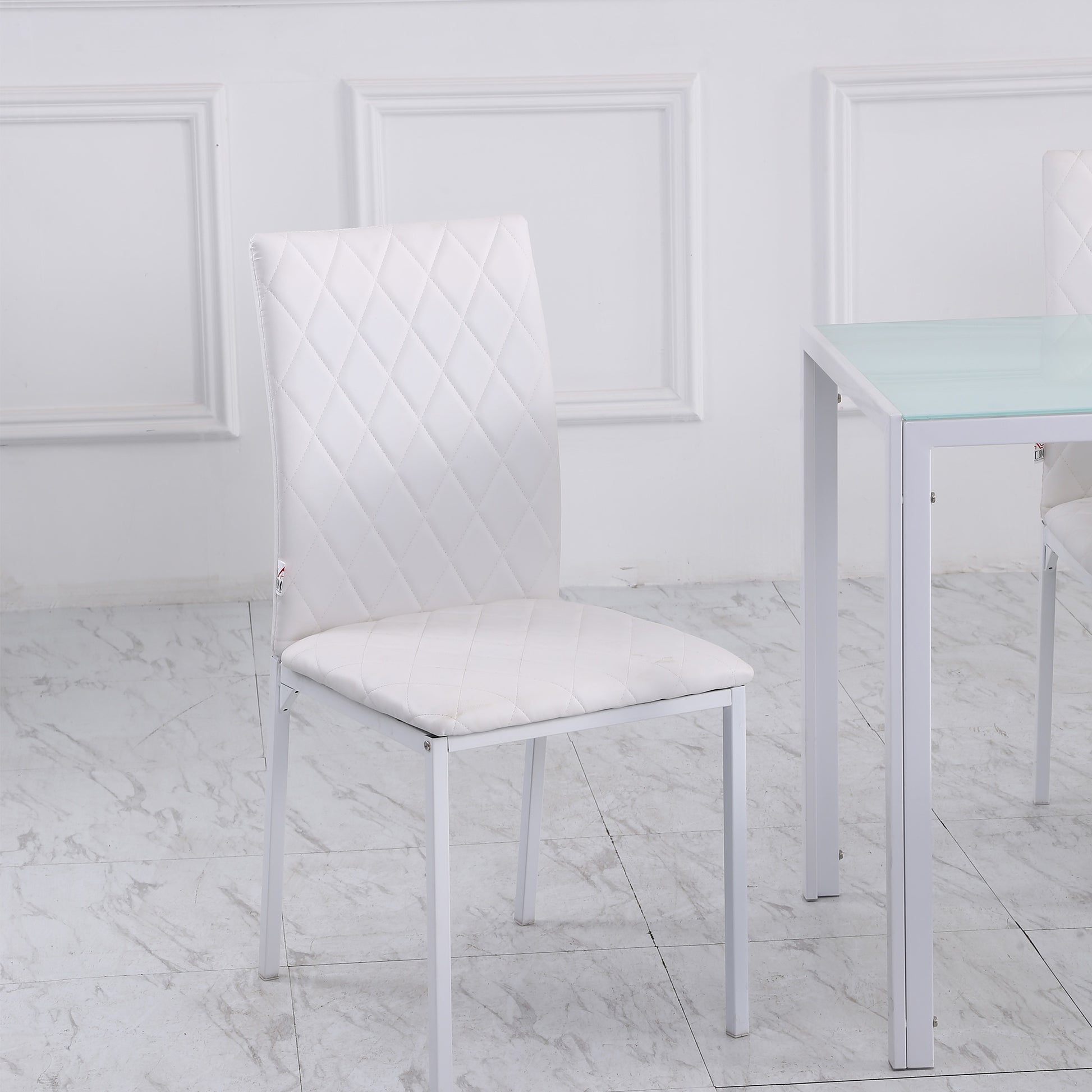 Modern Dining Chairs Set of 4, Upholstered Faux Leather Kitchen Chairs with Rhombic Tufting and Metal Legs for Living Ro