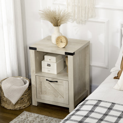 Side Table with Storage, Farmhouse End Table with Drawer, Open Shelf and Barn-style Panel, Nightstand for Living Room, B