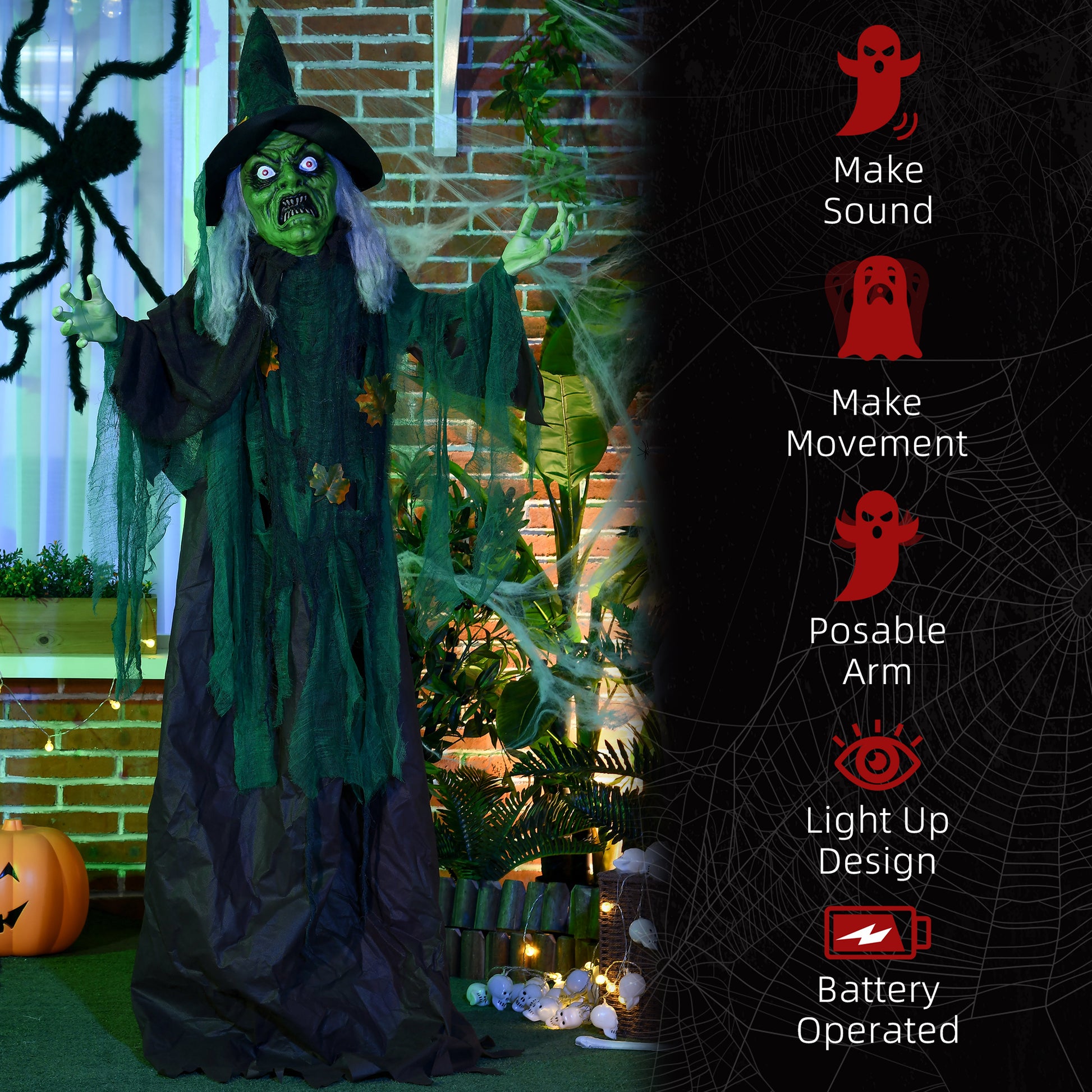 72 Inch/6ft Life Size Outdoor Halloween Decoration Witch, Animated Prop Decor with Sound and Motion Activated, Light Up 
