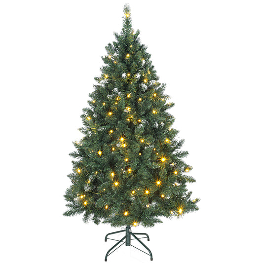 5 ft Frosted Prelit Christmas Tree, Full Spruce Xmas Tree with Dual Colour LED Light, Hinged Xmas Tree, Easy Assembly