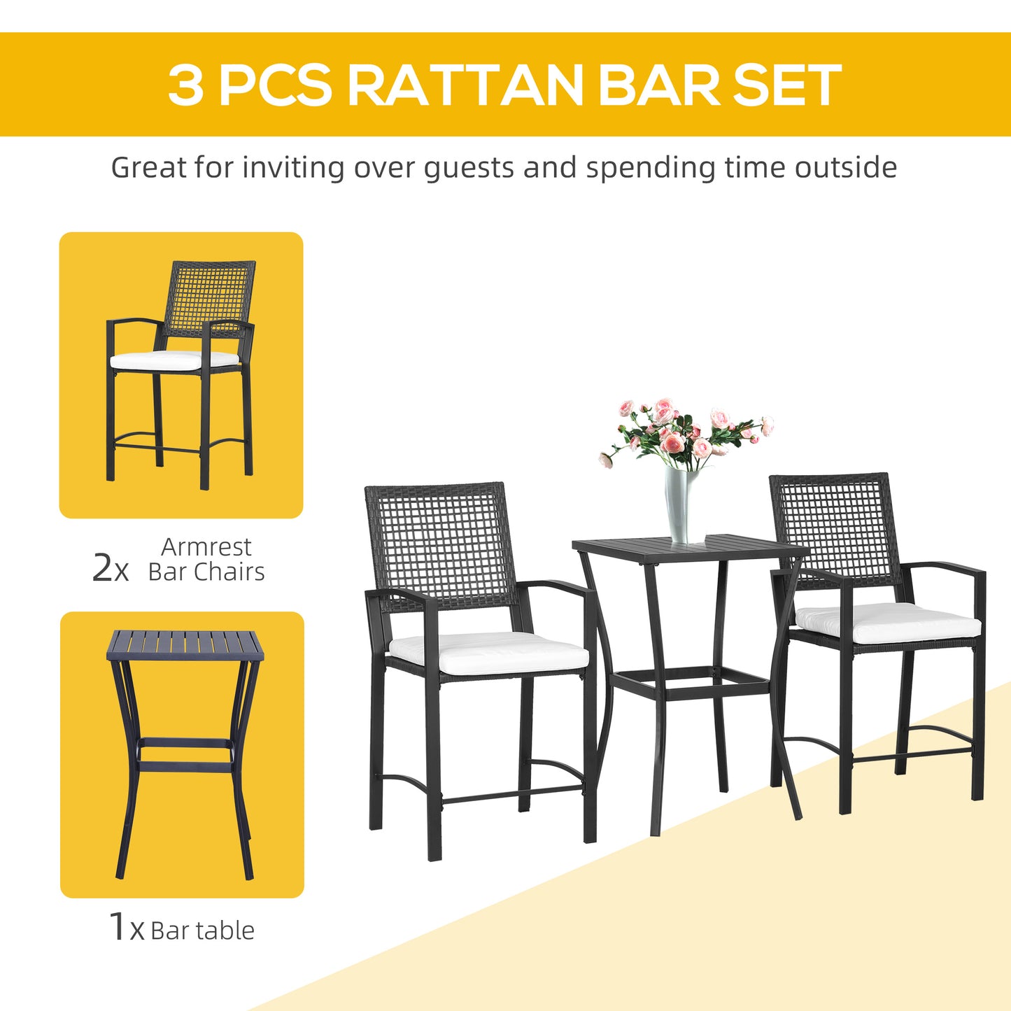 3 Pieces Outdoor Wicker Bar Set, Classic Bistro Bar Set Garden Rattan Style Patio Bar Table & High Chairs w/ Cushions Ho