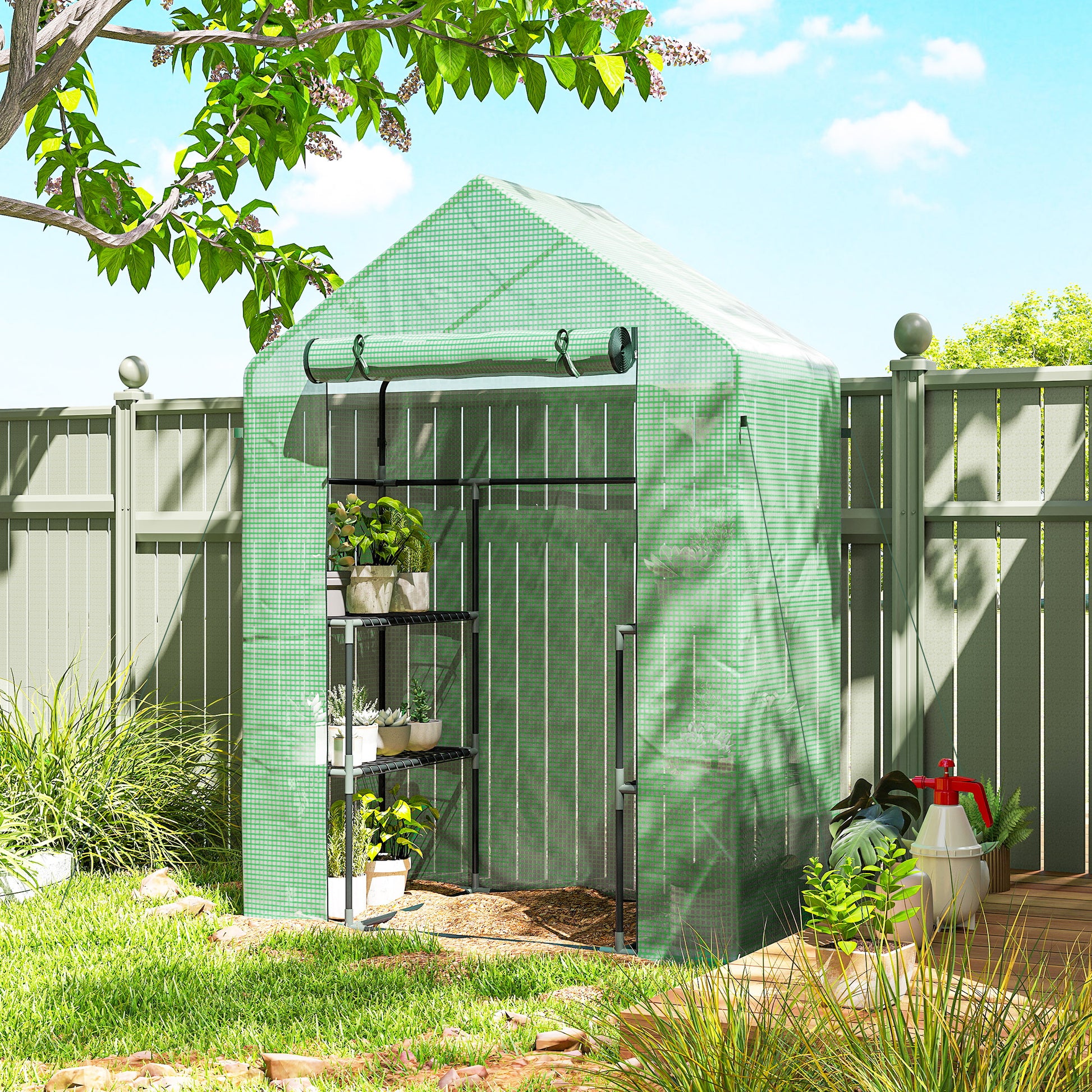 3-Tier Mini Greenhouse, Walk-in Greenhouse, Garden Hot House with 4 Shelves, Roll-Up Door and Weatherized Cover, 56" x 2