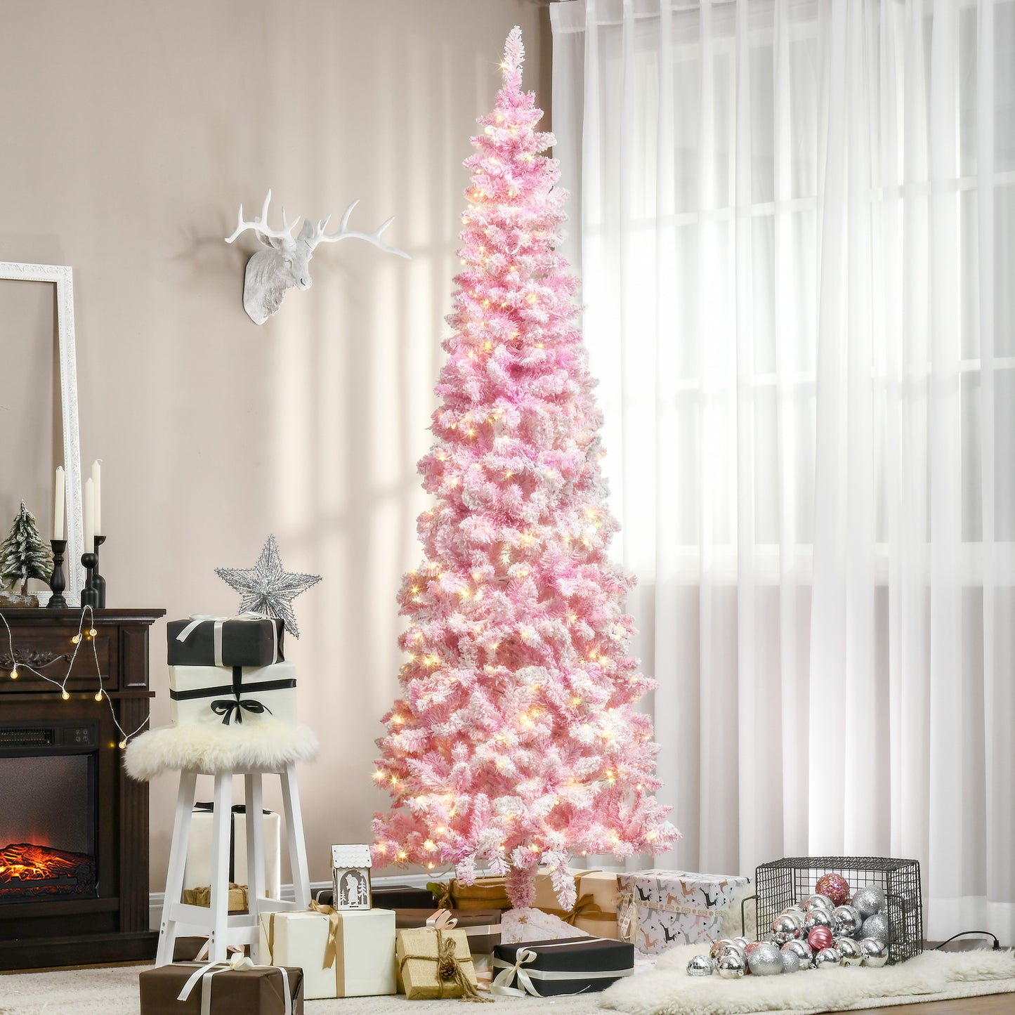 7.5 Foot Prelit Snow Flocked Artificial Christmas Tree with Pencil Shape, 700 Pine Realistic Branches, Warm White LED li