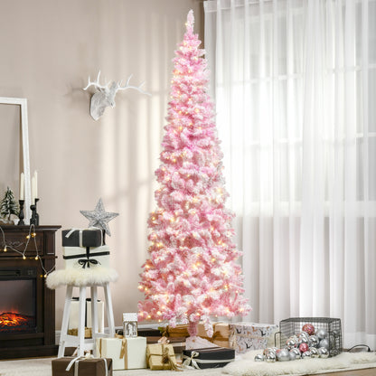 7.5 Foot Prelit Snow Flocked Artificial Christmas Tree with Pencil Shape, 700 Pine Realistic Branches, Warm White LED li
