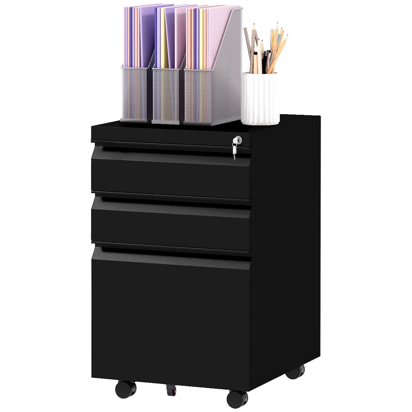3 Drawer File Cabinet with Lock, Steel Vertical Filing Cabinet with 5 Wheels and Hanging Bar for A4/Legal/Letter, Home O