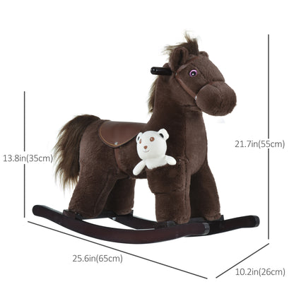 Qaba Kids Rocking Horse Plush Animal on Wooden Rockers with Sounds, Wooden Base and Bear Toy, Baby Rocking Chair, Brown