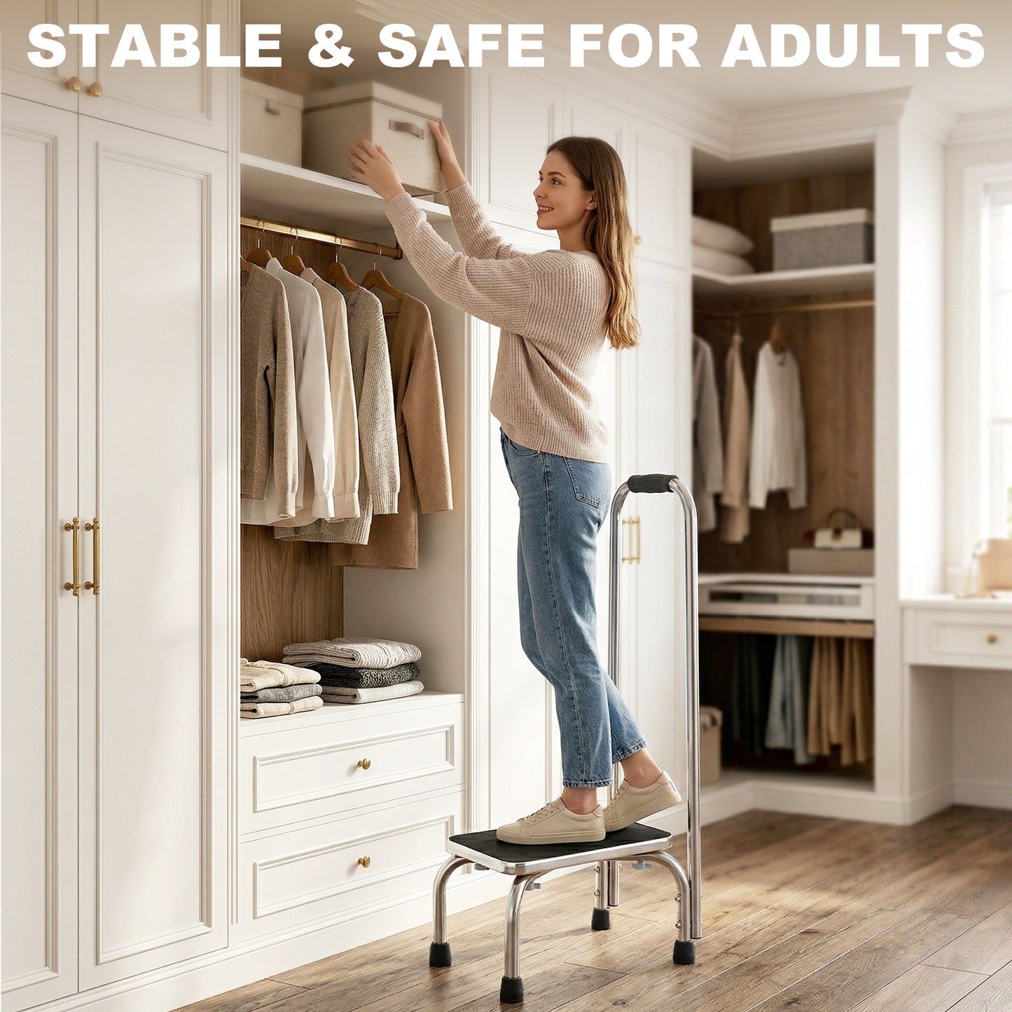 Step Stool with Handle for Adults and Seniors, Heavy Duty Metal Foot Step Stool for Elderly, Portable Stool with Anti-sl