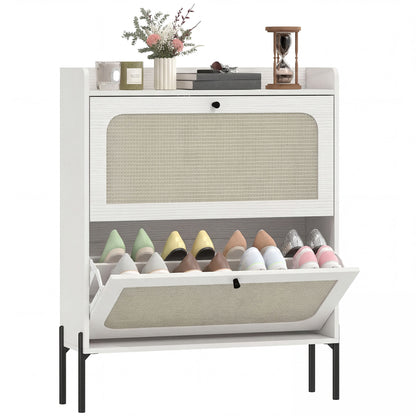 Shoe Cabinet with 2 Flip Drawers, Boho Narrow Shoe Storage Cabinet, White