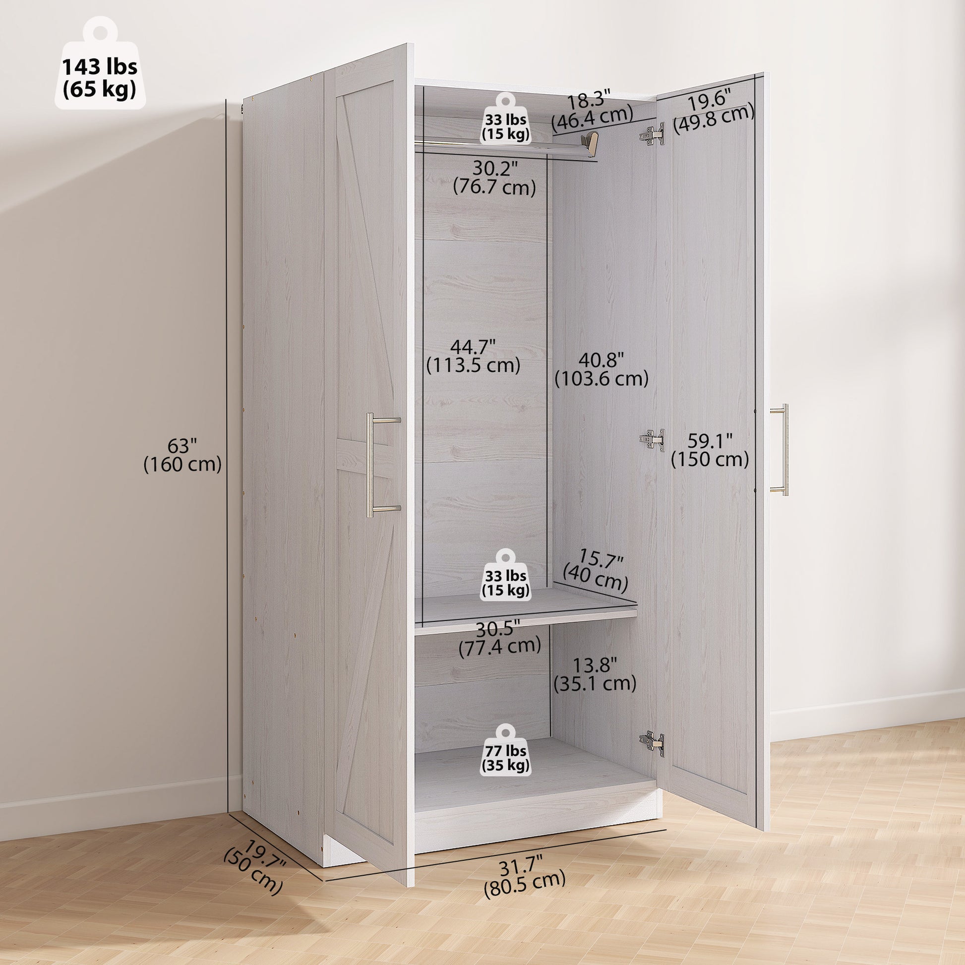 Wardrobe Cabinet with Hanging Rod, Anti-Tipping and 2 Barn Doors, Farmhouse Wardrobe Closet for Bedroom, White Wood Effe