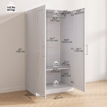 Wardrobe Cabinet with Hanging Rod, Anti-Tipping and 2 Barn Doors, Farmhouse Wardrobe Closet for Bedroom, White Wood Effe