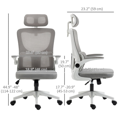Ergonomic Office Chair, Mesh Computer Desk Chair with Adjustable Headrest, 4D Lumbar Support, Flip-up Arm, Grey