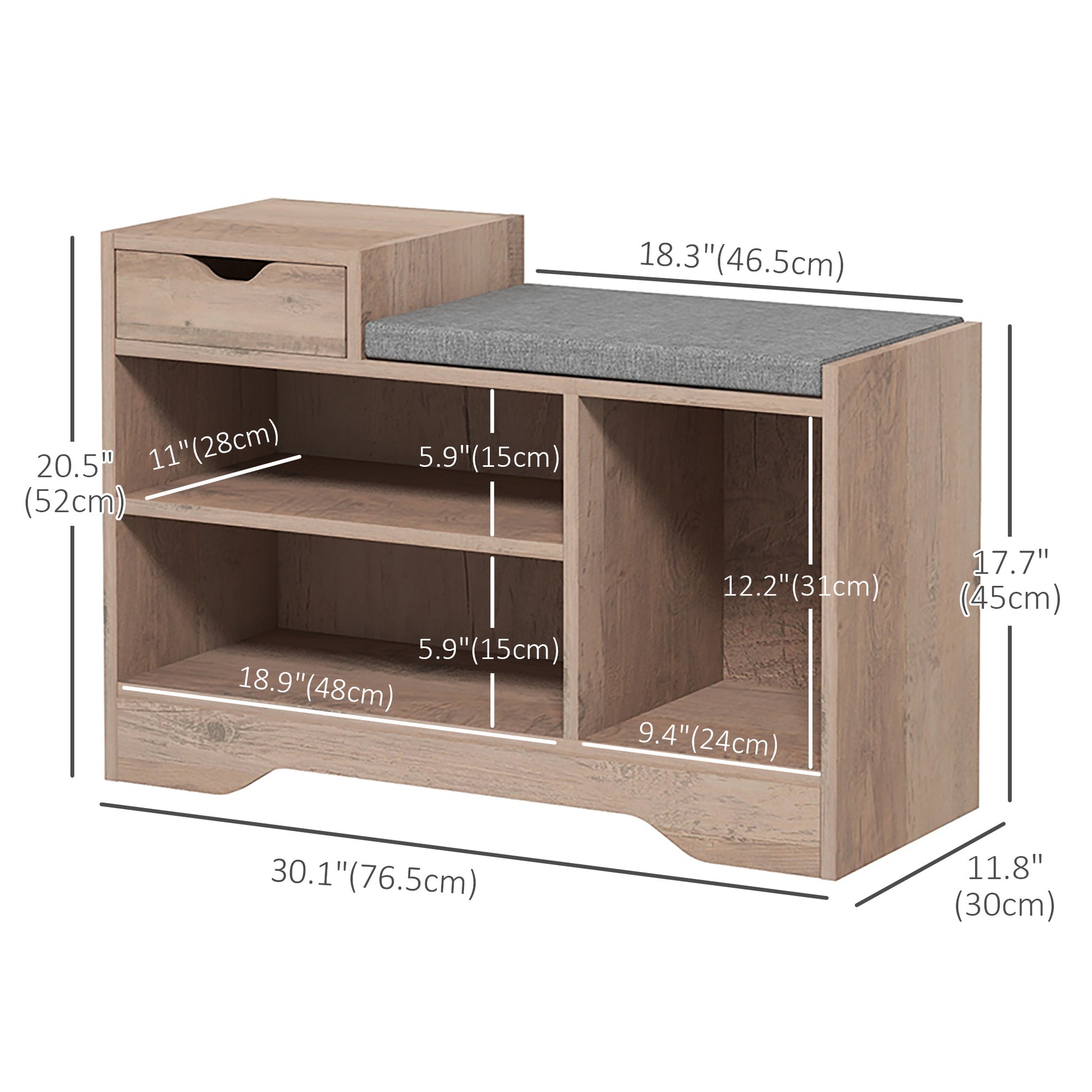 Upholstered Shoe Storage Bench, Hallway Shoe Storage with Seat, Drawer, 3 Open Shelves for Entryway, Grey