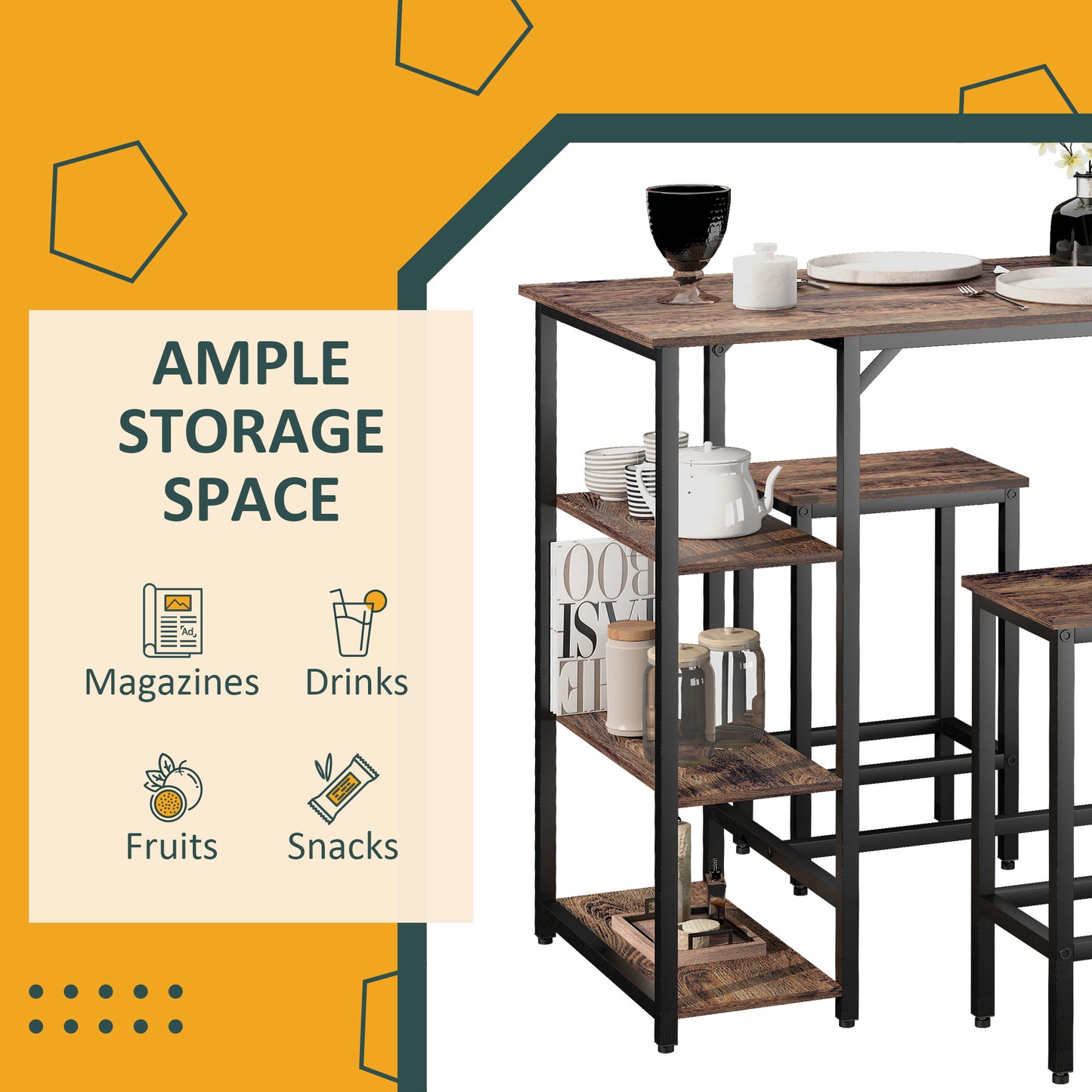 Industrial Dining Table Set for 2, Bar Table and Stools Set, Counter Height Kitchen Table with Chairs with Storage Shelf