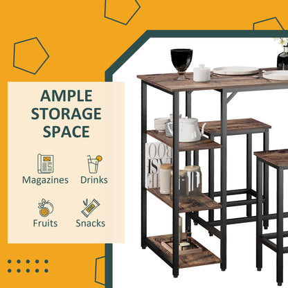 Industrial Dining Table Set for 2, Bar Table and Stools Set, Counter Height Kitchen Table with Chairs with Storage Shelf