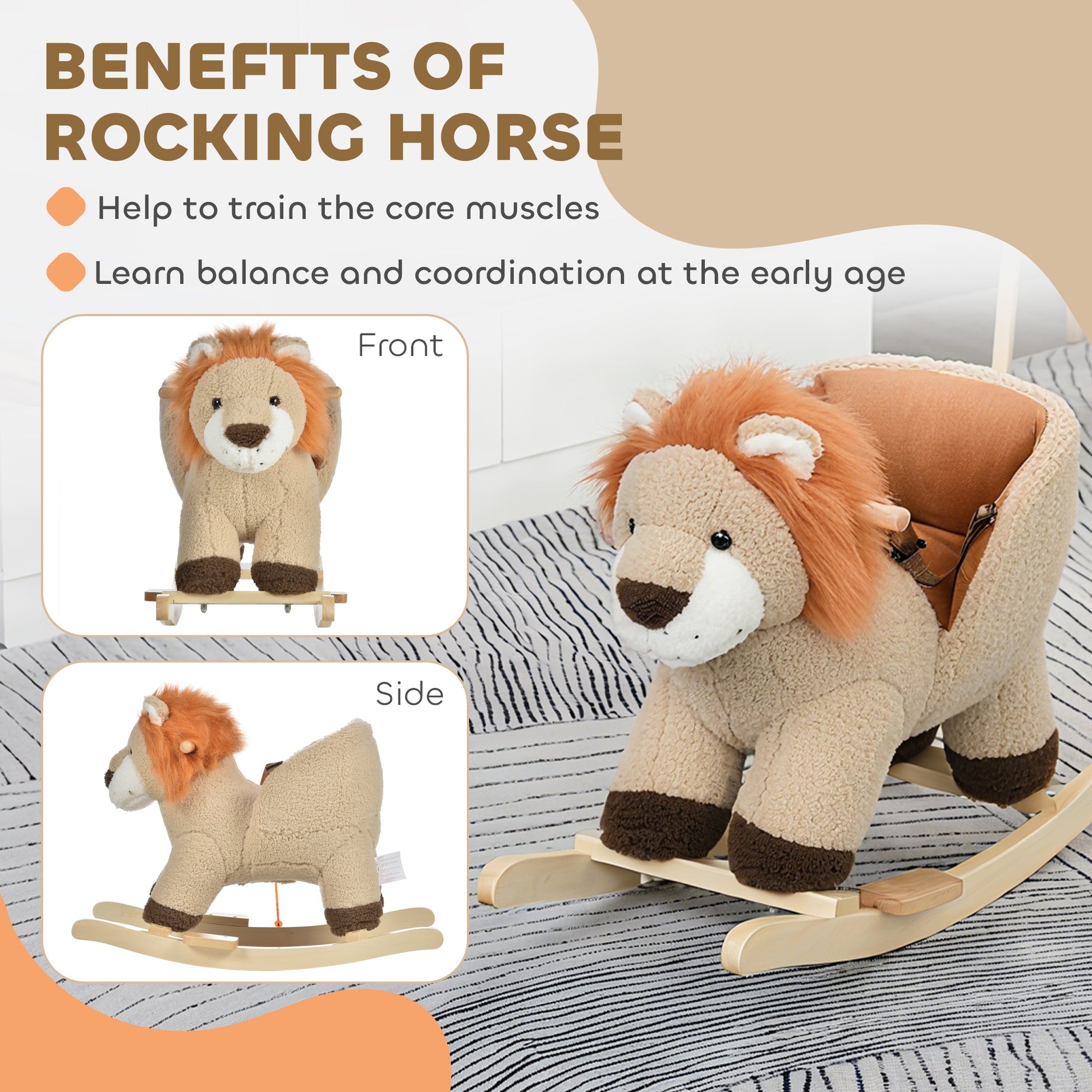 Qaba Baby Rocking Horse Lion Design Plush Stuffed Rocking Chair, Wooden Rocking Horse with Sound, Seat Belt for Boys and