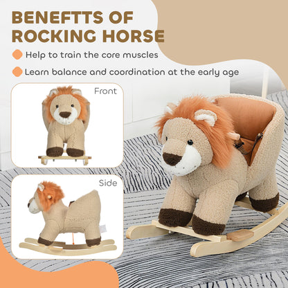 Qaba Baby Rocking Horse Lion Design Plush Stuffed Rocking Chair, Wooden Rocking Horse with Sound, Seat Belt for Boys and